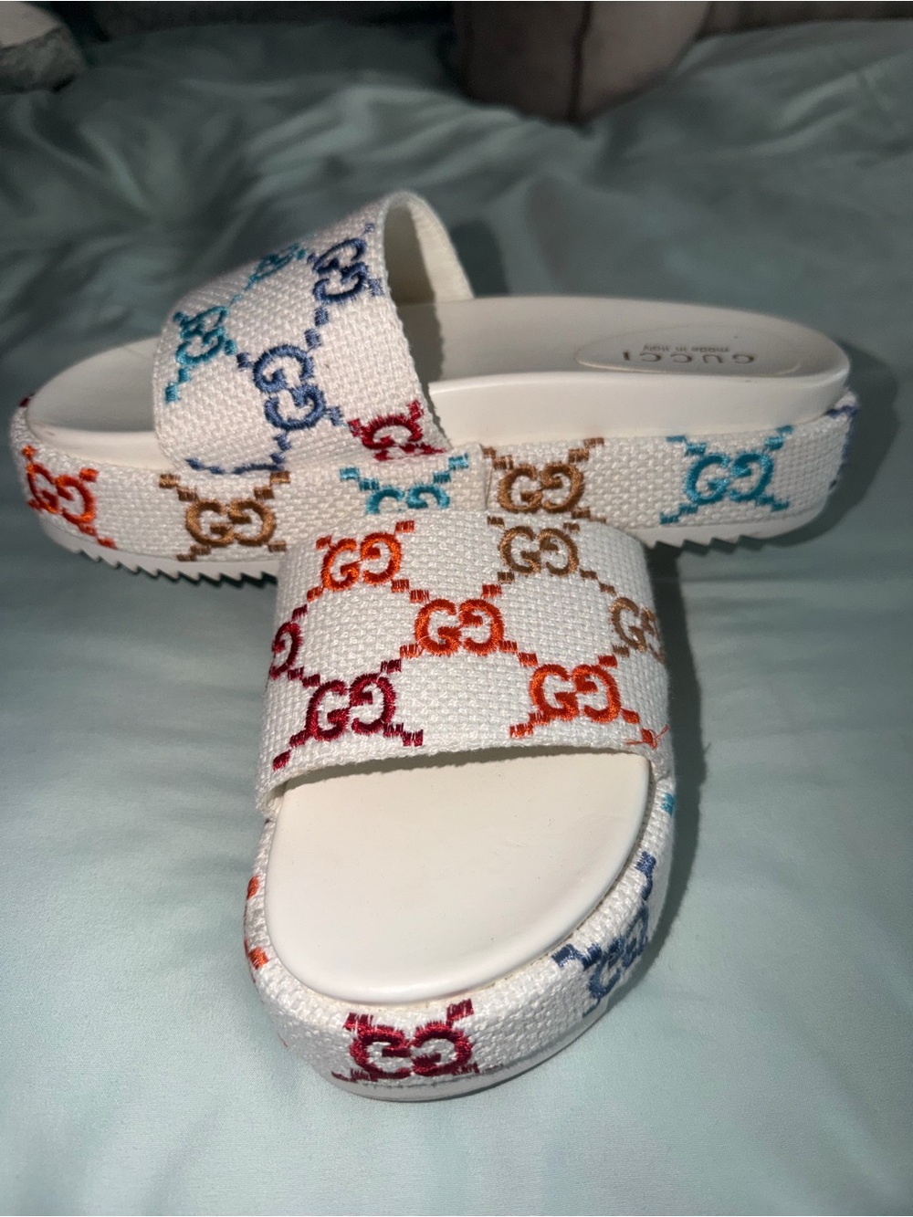 GUCCI Linen Psychedelic Mini GG Monogram Angelina Platform Slide Sandals